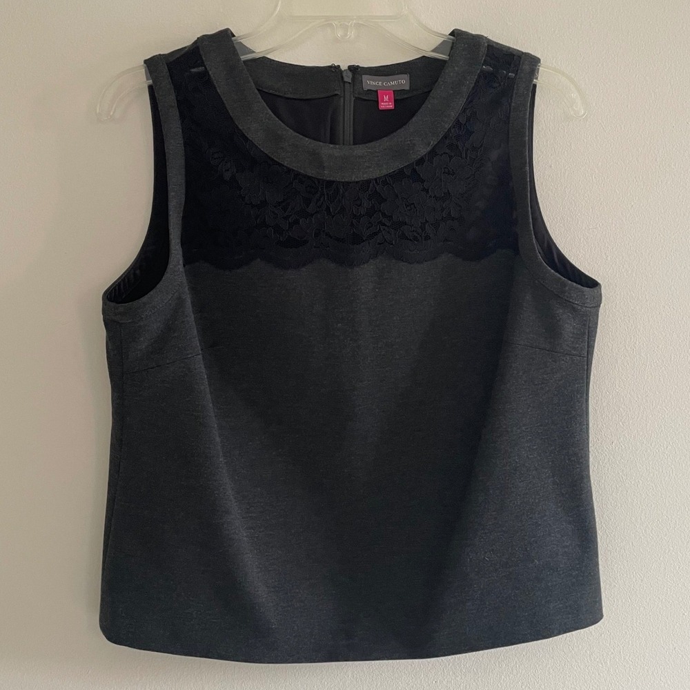 Vince Camuto Goth Grey Sleeveless Lace Yoke Shell Top Charcoal/Black Blouse M